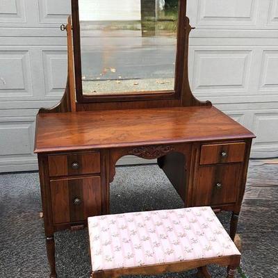 Antique Women's Vanity Dresser with Mirror & Stool - Refinished