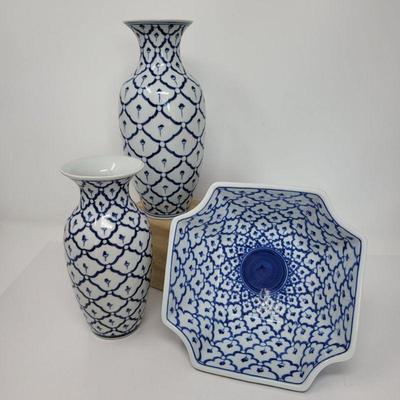 Blue & White Thailand Vases & Bowl