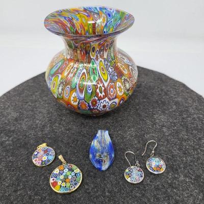 Murano Italy Glass Vase, Pendant & Earrings