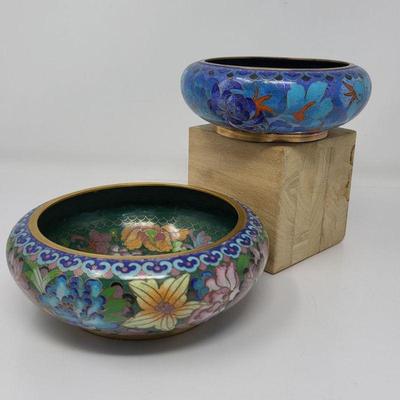 Two Chinese Cloisonne Enamel Blue Bowls & Stands - Jingfa