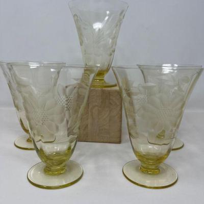 Antique Yellow Depression Glass Water Tumblers & Vase