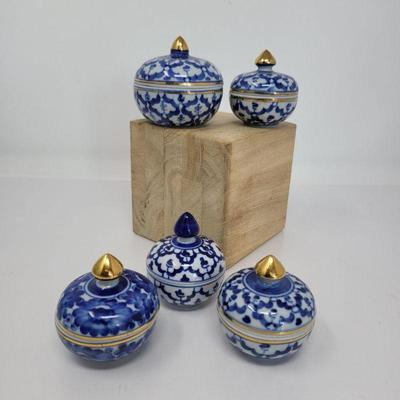 Five Benjarong Porcelain Mini Jars - Thailand