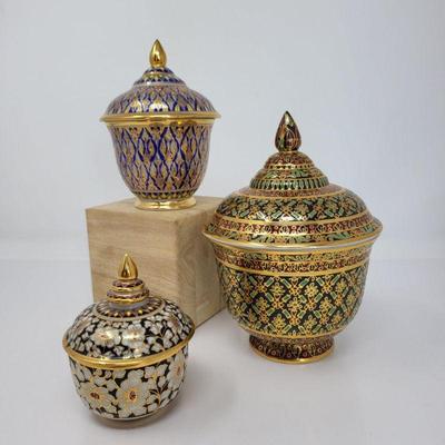 Three Thailand Porcelain Lidded Urns or Jars