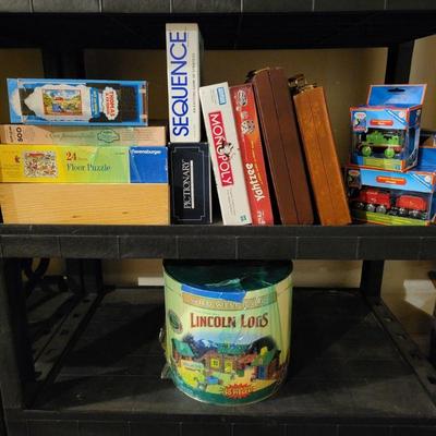 Large Lincoln Log Canister & Board Game Variety