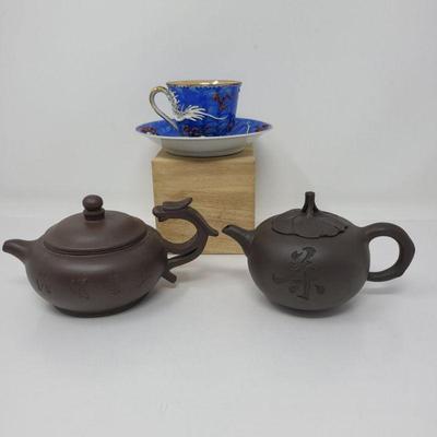 Chinese Clay Pots & Blue Dragonware Tea Cup & Saucer