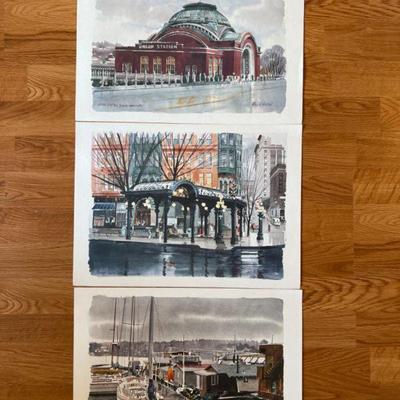 Three Paul N. Norton Signed Watercolor Tacoma/Seattle Prints