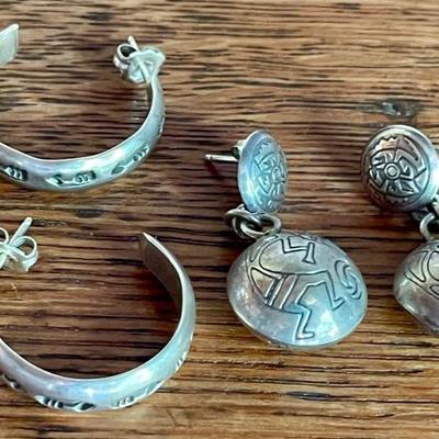 (2) Pairs Of Navajo Stamped Sterling Silver Earrings - Total Weight 16 Grams 