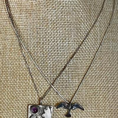 2 Handmade Sterling Silver Necklaces  Liquid Silver Bead & Bird And Signed Pendant With Amethyst - 11.81 Grams
