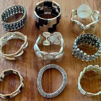 (9) Assorted Silver Tone &  Black Tone Metal Bead Stretch Statement Bracelets 
