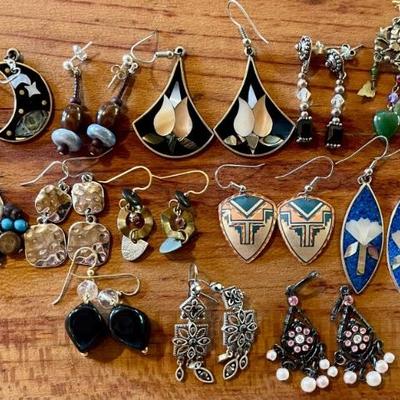 Vintage Boho Inlay Earrings - Alpaca Mexico - Hematite - Rhinestone - Jadeite - Bead And More 