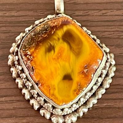 Vintage Baltic Amber & Sterling Silver Pendant - Total Weight 31.97 Grams 
