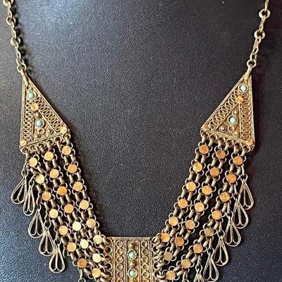 Vintage Filigree Bib Choker 16 Inch Necklace With Turquoise (as Is) 