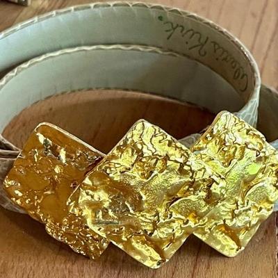 Vintage Alexis Kirk Grey Leather 32 Inch Belt With Gold Tone Alexis Kirk Buckle W Original Bag 