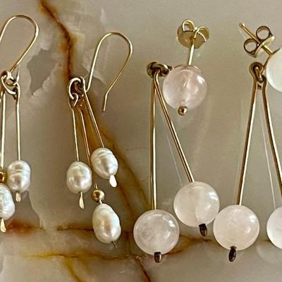 (2) Pairs Of Earrings - 12K Gold Filled Rose Quartz Bead & Gold Tone Fresh Water Pearl Drops 