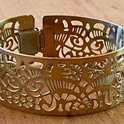 Modernist Mary Ann Scherr Gold Tone Gilt Wide Metal Bangle Bracelet 