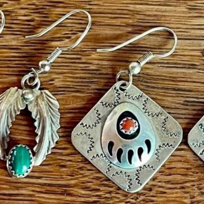 (2) Pairs Navajo Sterling Silver Earrings - Coral Stamped Bear Paw & Malachite With Feathers - 12.36 Grams