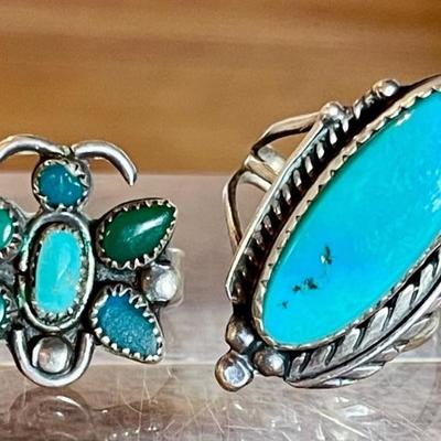 (2) Vintage Sterling Silver Rings - Navajo Turquoise Cabochon & Zuni Inlay Butterfly - Both Size 6.5 - 8.27 Gr