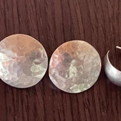 (3) Pairs Of Sterling Silver Earrings - Mexico Hammered Rounds - Hoops & Mother Of Pearl Wire - 18.72 Grams 
