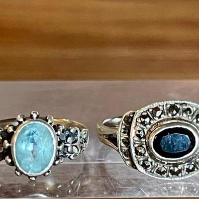 (2) Sterling Silver Rings - D & J Marcasite And Faceted Black Stone & Blue Topaz Stone Ring - 6.25 Grams 
