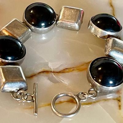 Vintage Mexico 3 Silverworld Sterling Silver & Onyx 7 Inch Bracelet (as Is) 45.25 Grams