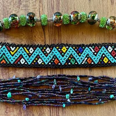 (3) Vintage Boho 7 Inch Bead Bracelets - Seed Beads & Glass Beads 