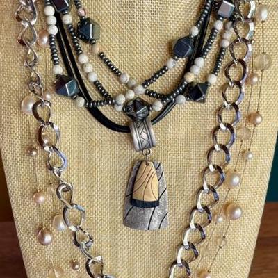 Vintage Necklace Collection - Silver Tone - Leather Strap - Hematite - Faux Pearl - Chico's - Napier 