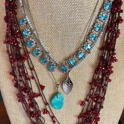 Vintage Necklace Lot - Sterling Silver With Turquoise - Multi Strand Bead - Seed Bead & Flower & Rhinestone