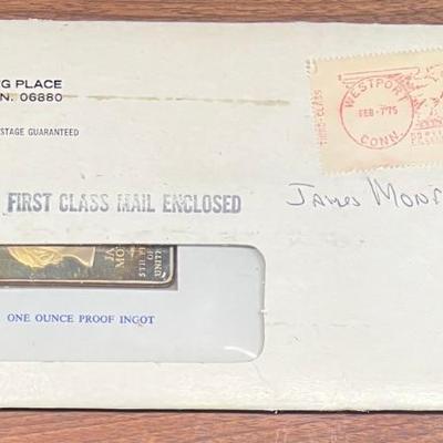 Danbury Mint James Monroe Presidential 24kt Gold Plated Bronze One Ounce Proof Ingot With Original Envelope