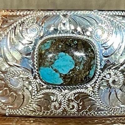 Comstock Silver Etcher Silver Belt Buckle With Turquoise