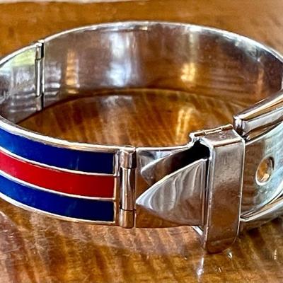 Gucci Italy Red & Blue Enamel Hinged Buckle Bracelet 