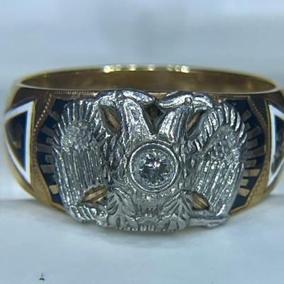 Antique 14K Gold & Diamond Masonic Ring - Size 12 - Total Weight 9.95 Grams 