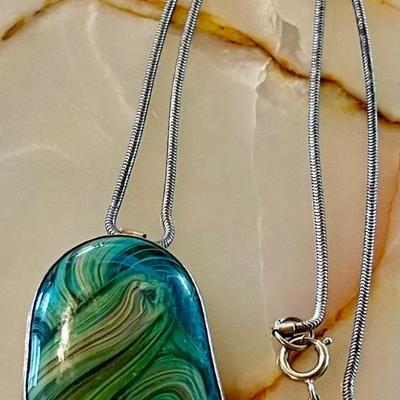 Vintage Sterling Silver Art Glass Pendant With 17 Inch Sterling Silver Snake Chain - Total Weight 27.14 Grams