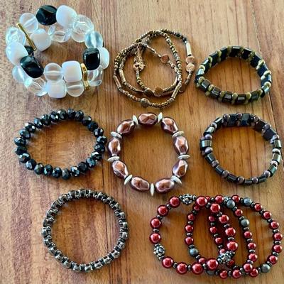 Assorted Stone & Glass Bead Stretch Bracelets - Hematite, Rhinestone, Faceted Black Bead & More 