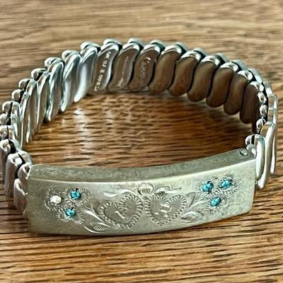 Antique Center Sterling Silver Promise Bracelet W Stainless Stretch Band 