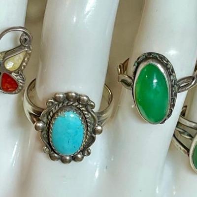 (4) Vintage Sterling Silver Rings - Turquoise - Chalcedony - Multi Stone Butterfly - Total Weight 14.85 Grams