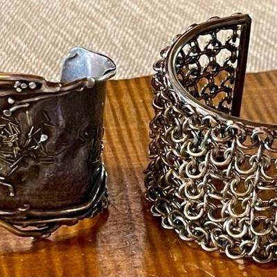 (2) Vintage Brutalist Cuff Bracelets (1) Mesh And (1) Hand Hammered 