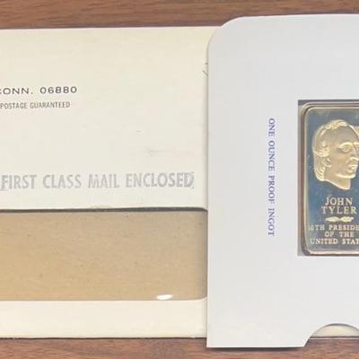 Danbury Mint John Tyler Presidential 24kt Gold Plated Bronze One Ounce Proof Ingot With Original Envelope