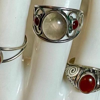 (3) Sterling Silver Boho Rings - Carnelian & Moonstone - Sizes 6.5 - 7 - Total Weight 8.95 Grams 