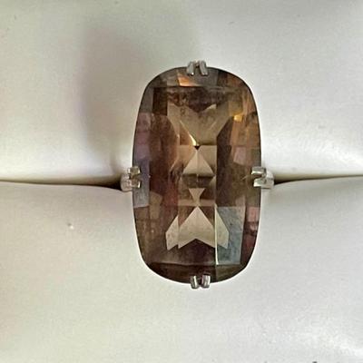 Vintage Sterling Silver & Large Faceted Smoky Quartz Ring Size 7 - Total Weight 6.95 Grams 
