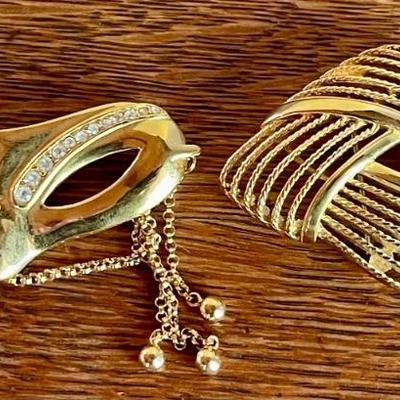 (2) Vintage Monet Gold Tone Pins - Mask With Rhinestones & Woven 