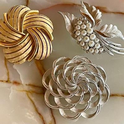 (3) Vintage Trifari Pins - Silver Tone & Faux Pearl - Gold Tone & Silver Tone Flower