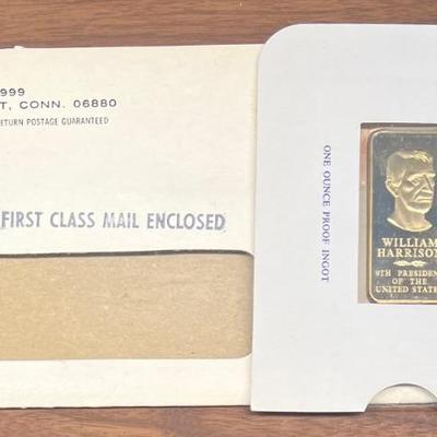 Danbury Mint William Harrison Presidential 24k Gold Plated Bronze One Ounce Proof Ingot With Original Envelope