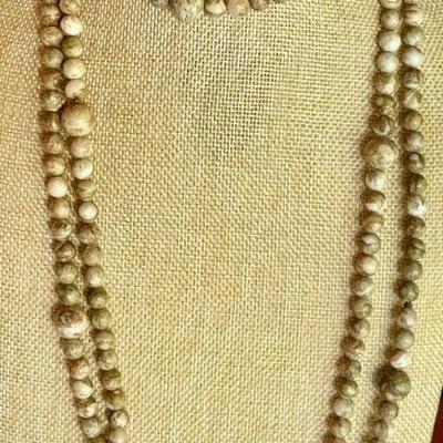 Two Strand Natural Stone Bead 40 Inch Necklace With Brass Etched Beads And Carved Pendant 