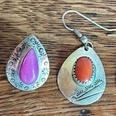 Navajo Nakai Sterling Silver Stamped Stone Earrings & Coral Sterling Earrings - Total Weight 9.34 Grams 
