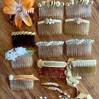 Assorted 1980's Hair Combs - Satin Flowers, Shells And Bead Decor W 2Gold One Hair Clips W Faux Pearls 