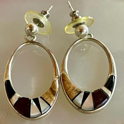 Pair Of Calvin Begay Navajo Stone Inlay Hoop Earrings Signed - Total Weight 7.15 Grams 