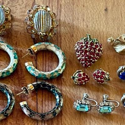Vintage Earrings - Cloisonne Hoops - Germany Clip-ons - Rhinestone Blue & Red Strawberry Earrings & Pin