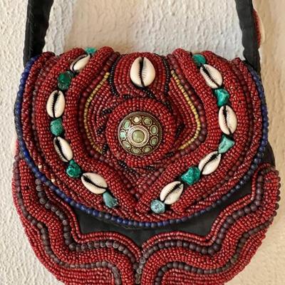 Vintage Ladaki Seed Bead - Bead - Shell & Turquoise Bag With Cotton Handle 