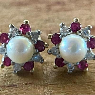14K Gold - Diamond - Ruby & Pearl Post Earrings - Total Weight 1.67 Grams 