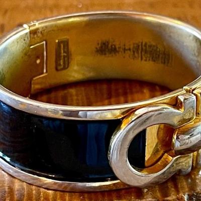 Vintage Ferragamo Gold Tone And Black Enamel Metal Hinged Cuff Bracelet 